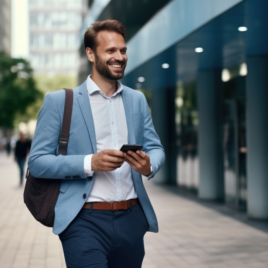 Man in blue suit walking down street. Suitable for business, urban lifestyle, and cityscape concepts.