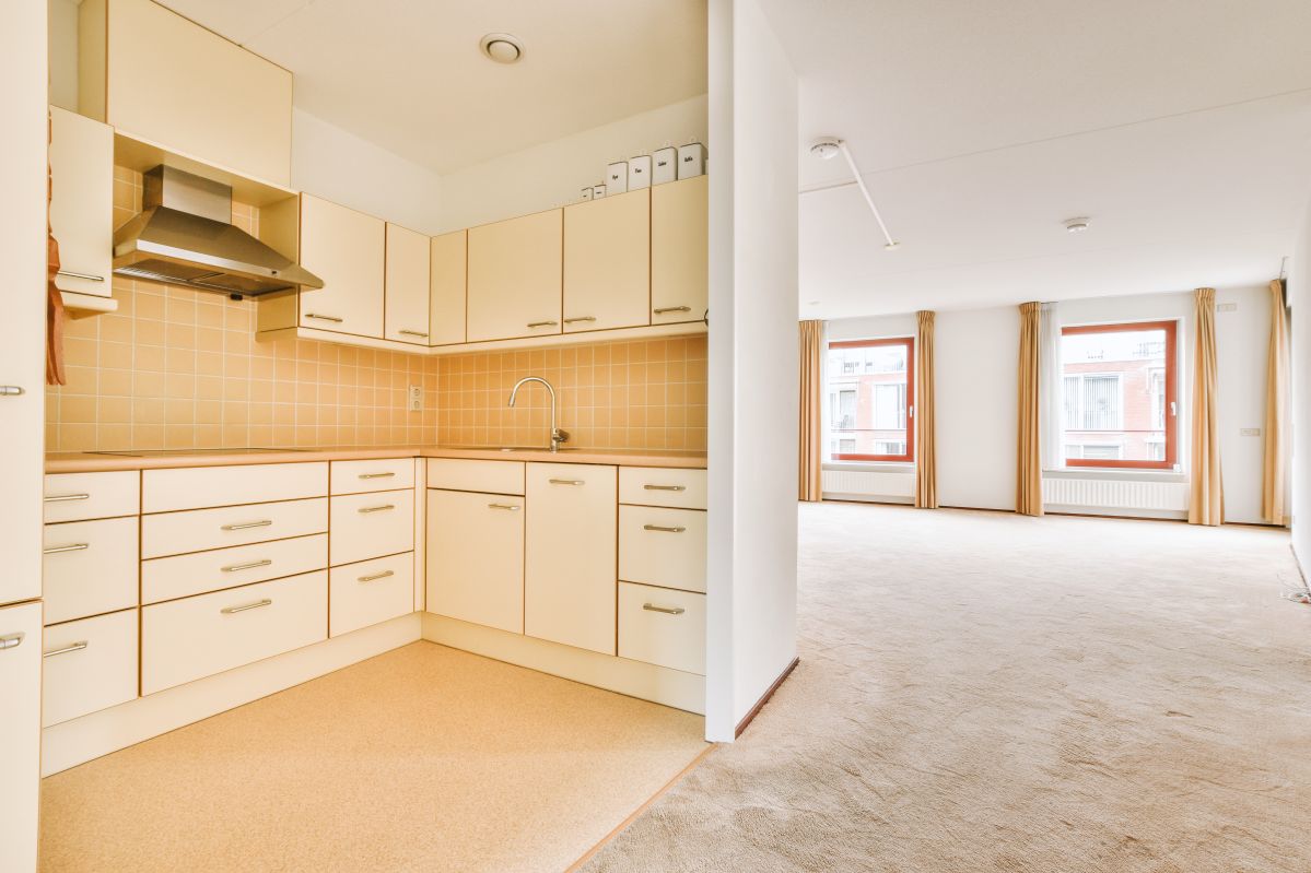 Spacious bright yellowish kitchen with windows